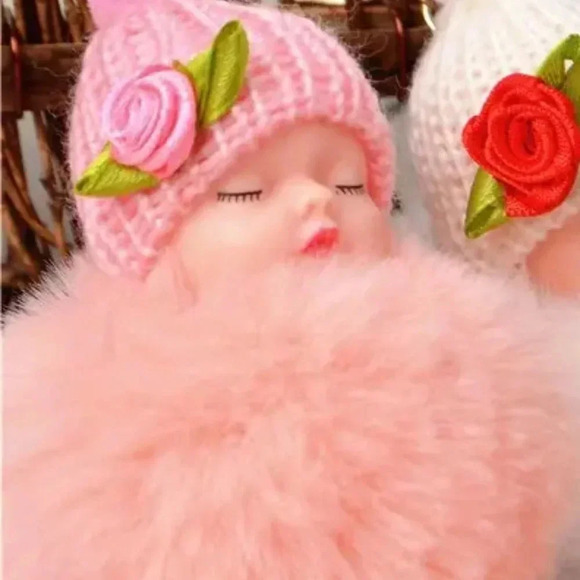 Pink Baby Doll Furball Fabric Floral Charm Fashion Keychain - Picture 3 of 3